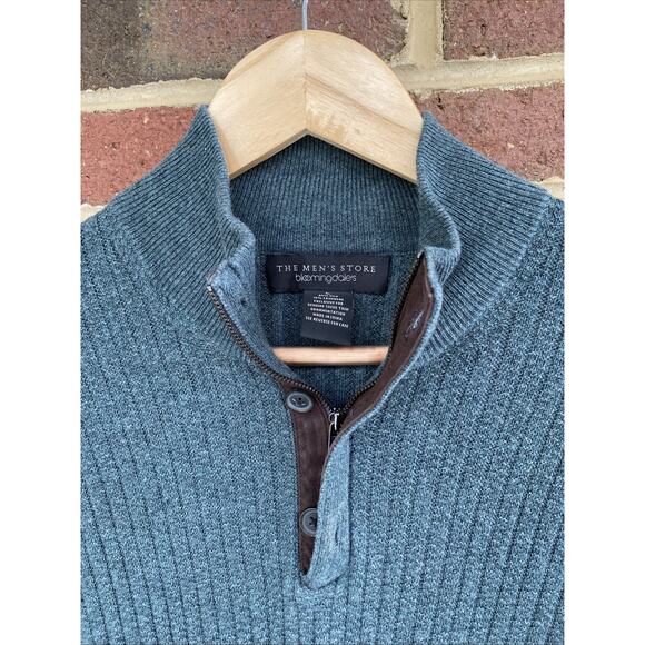 The Mens Store Bloomingdales Cashmere Silk Rib Sweater L Leather Trim 1/4 Zip - Picture 2 of 11